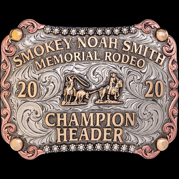 The Bremerton Belt Buckle is a western belt buckle with 4 large bronze beads and our signature berry edge. Customize it now with your own logo and lettering!